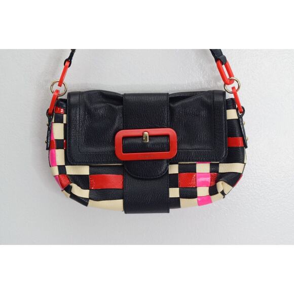 Kate Spade New York Leather Shoulder Bag y2K Weave Blue Pink Red White Flap - Picture 2 of 4